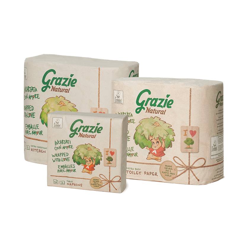 kit cartaigienica, tovaglioli e asciugatutto con imballo in carta